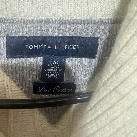 TOMMY HILFIGER Fisherman Sweater Lux Cotton Mens L Ivory shawl collar cable knit - Picture 3 of 8